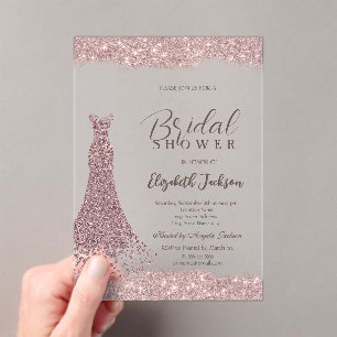 Invitations En Acrylique Fête des mariées de robe dorée Rose à cadre étince