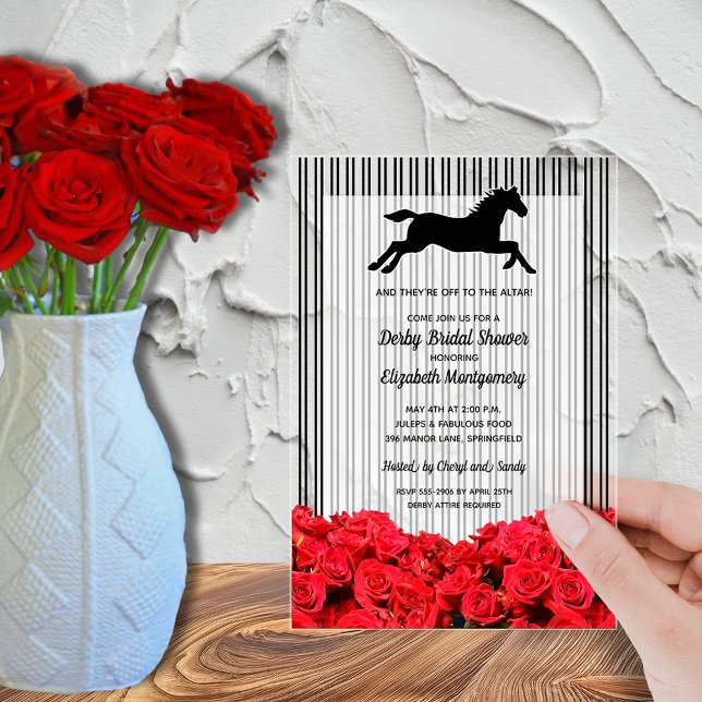 Invitations En Acrylique Fête des mariées Derby de l'hippocampe et des rose (Derby race horse, red roses and stripes ACRYLIC bridal shower invitations - order clear or frosted)