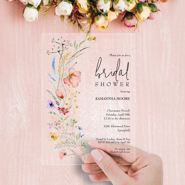Invitations En Acrylique Fête des mariées Fleur sauvage chic (Chic wildflower bridal shower acrylic invitations - choose clear or frosted)