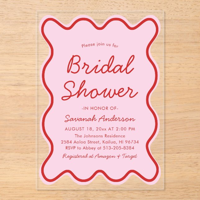 Invitations En Acrylique Fête des mariées rose et rouge ondulé moderne (Recto)