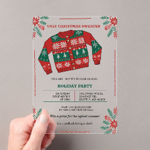 Invitations En Acrylique Fête drôle de pull de Noël moche rouge vert