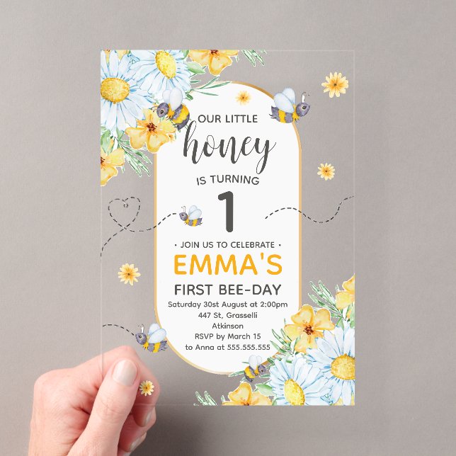 Invitations En Acrylique Fête du 1er anniversaire de Honey Bee (In situ (ordinateur de poche))