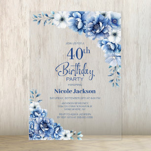 Invitations En Acrylique Fête du 40e anniversaire de la Blue Floral