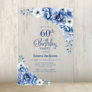 Invitations En Acrylique Fête du 60e anniversaire du Blue Floral élégant