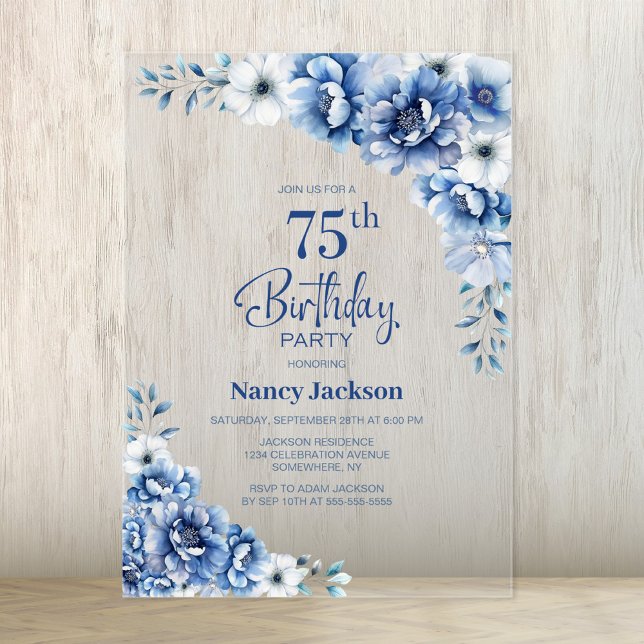 Invitations En Acrylique Fête du 75e anniversaire du Blue Floral élégant (Créateur téléchargé)