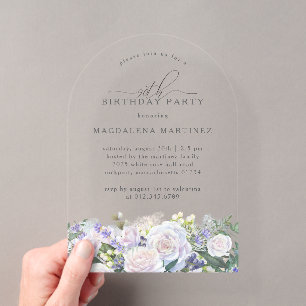 Invitations En Acrylique Fête du 90e Anniversaire Arche Fleurie Rose Blanch