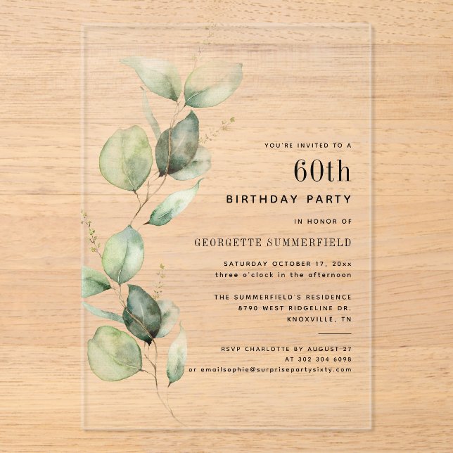Invitations En Acrylique Fête élégante de 60 ans avec Eucalyptus (Recto)