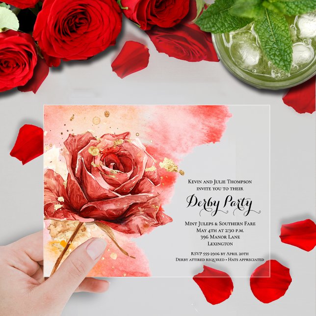 Invitations En Acrylique Fête élégante de Derby à la rose rouge (Elegant red rose Derby day clear acrylic party invitations)