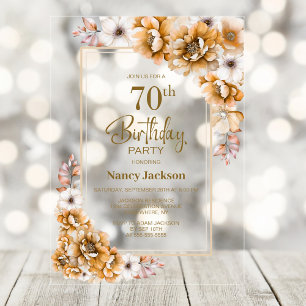 Invitations En Acrylique Fête Orange Floral moderne 70e anniversaire