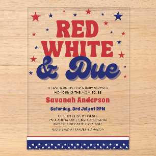 Invitations En Acrylique Fête Prénatale Rouge, Blanc et Prévue pour le 4 Ju