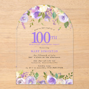 Invitations En Acrylique FÊTE SURPRISE 100e Anniversaire Floral Violet Tran