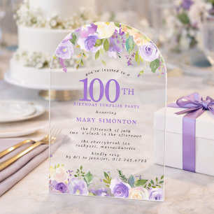 Invitations En Acrylique FÊTE SURPRISE 100e Anniversaire Floral Violet Tran