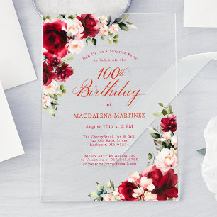 Invitations En Acrylique FÊTE SURPRISE 100e Anniversaire Rose Rouge Pivoine