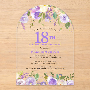 Invitations En Acrylique FÊTE SURPRISE 18e Anniversaire Fleurs Violettes Tr