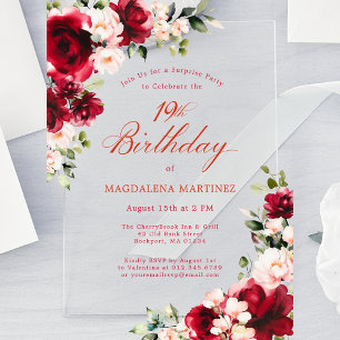 Invitations En Acrylique FÊTE SURPRISE 19e anniversaire Rose rose rouge Peo