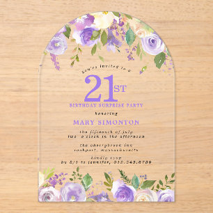 Invitations En Acrylique FÊTE SURPRISE 21e Anniversaire Fleurs Violettes Tr