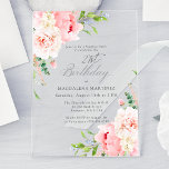 Invitations En Acrylique FÊTE SURPRISE 21e anniversaire Peony rose Floral<br><div class="desc">Une belle et féminine invitation à fêter un 21ème anniversaire dans un style élégant. Cette décoration florale est bordée d'un cadre de charmantes fleurs de pivoines roses et de verdure. Cette invitation est disponible sous forme d'invitation imprimée sur l'acrylique transparent. Une des tendances les plus chaudes dans le design d'invitation...</div>