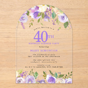 Invitations En Acrylique FÊTE SURPRISE 40e Anniversaire Fleurs Violettes Tr