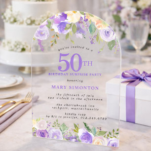 Invitations En Acrylique FÊTE SURPRISE 50e Anniversaire Fleurs Violettes Tr