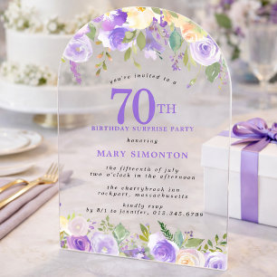 Invitations En Acrylique FÊTE SURPRISE 70e Anniversaire Fleurs Violettes Tr