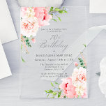 Invitations En Acrylique FÊTE SURPRISE 70e anniversaire Pony rose Floral<br><div class="desc">Une belle et féminine invitation à fêter un 70ème anniversaire dans un style élégant. Cette décoration florale est bordée d'un cadre de charmantes fleurs de pivoines roses et de verdure. Cette invitation est disponible sous forme d'invitation imprimée sur l'acrylique transparent. Une des tendances les plus chaudes dans le design d'invitation...</div>