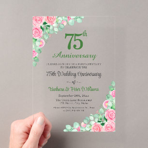 Invitations En Acrylique Fête surprise 75 ans de mariage Roses