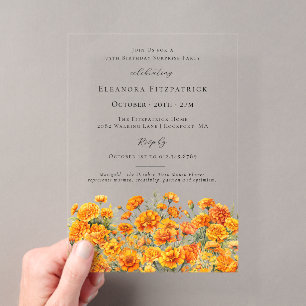 Invitations En Acrylique FÊTE SURPRISE 75 ans Marigold Fleur de naissance d