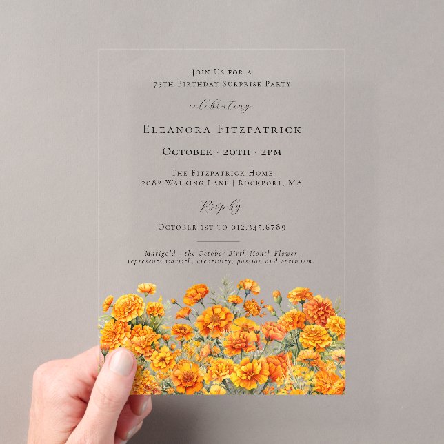 Invitations En Acrylique FÊTE SURPRISE 75 ans Marigold Fleur de naissance d (In situ (ordinateur de poche))