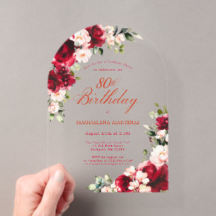 Invitations En Acrylique Fête surprise 80 ans Anniversaire Rose Rouge Flora
