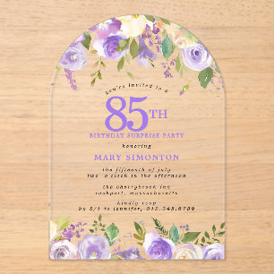 Invitations En Acrylique FÊTE SURPRISE 85e Anniversaire Fleurs Violettes Tr