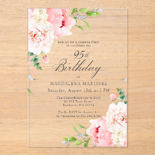 Invitations En Acrylique FÊTE SURPRISE 95e Anniversaire Floral Rose Péony