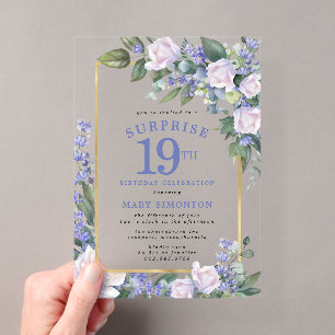 Invitations En Acrylique Fête surprise pour 19 ans thème floral bleu blanc