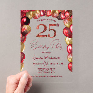 Invitations En Acrylique Fête surprise pour 25e anniversaire paillettes or