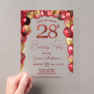 Invitations En Acrylique Fête surprise pour 28e anniversaire paillettes or