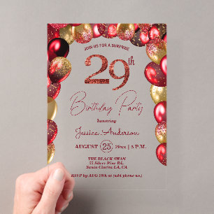 Invitations En Acrylique Fête surprise pour 29e anniversaire paillettes or