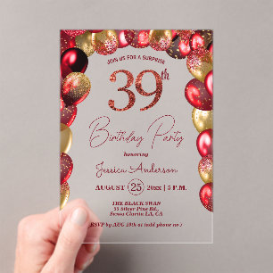 Invitations En Acrylique Fête surprise pour 39e anniversaire paillettes or 