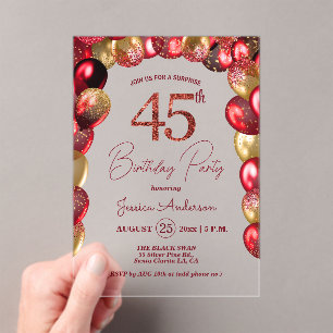 Invitations En Acrylique Fête surprise pour 45 ans paillettes or burgundy