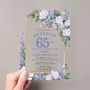 Invitations En Acrylique Fête surprise pour 65 ans sur le thème floral bleu