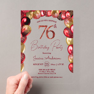 Invitations En Acrylique Fête surprise pour 76e anniversaire paillettes or