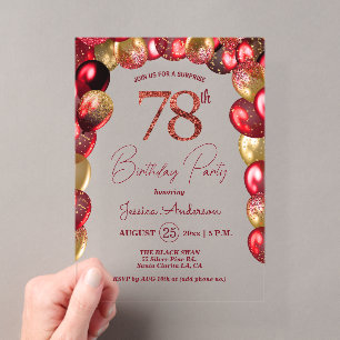 Invitations En Acrylique Fête surprise pour les 78 ans paillettes or burgun