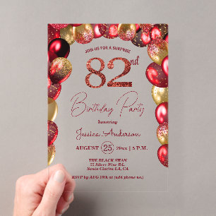 Invitations En Acrylique Fête surprise pour les 82 ans paillettes or burgun
