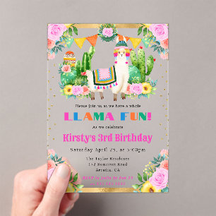 Invitations En Acrylique Fêtes d'anniversaire pour enfants Llamas floraux d