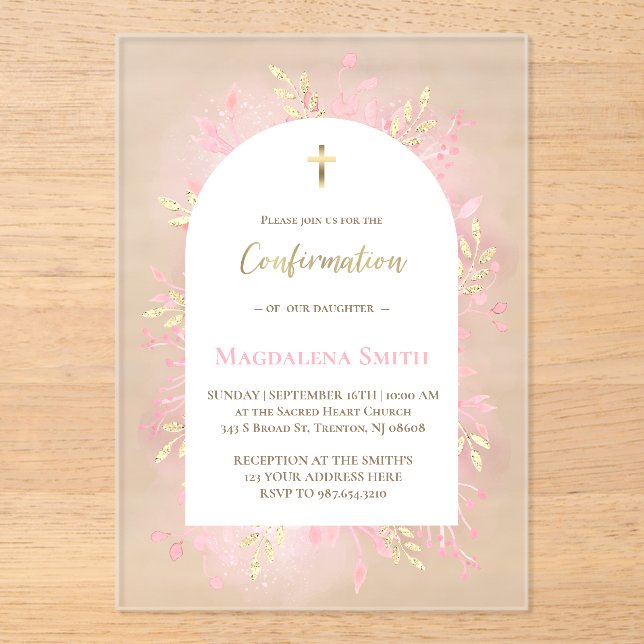 Invitations En Acrylique feuillage aquarelle rose confirmation givré (Recto)