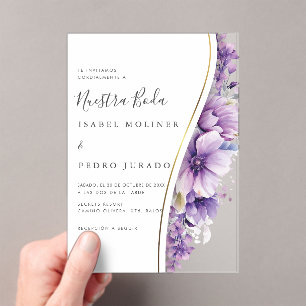 Invitations En Acrylique Feuillage floral pourpre Nuestra Boda Mariage espa