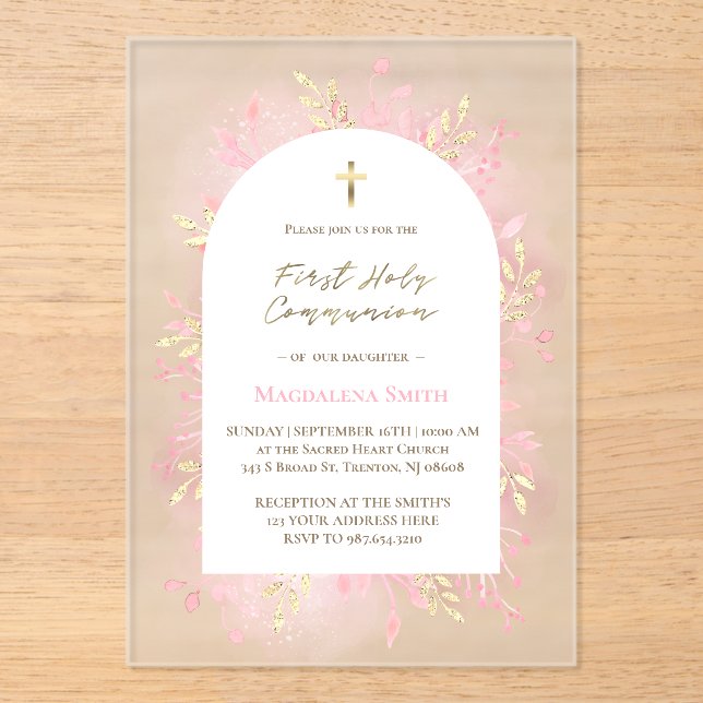 Invitations En Acrylique feuillage rose Première Sainte Communion givré (Recto)