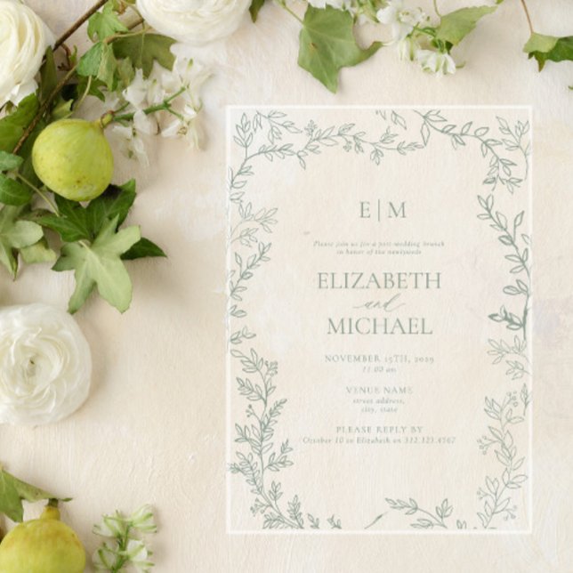 Invitations En Acrylique Feuillage Vert Monogramme Post Mariage Brunch (Créateur téléchargé)