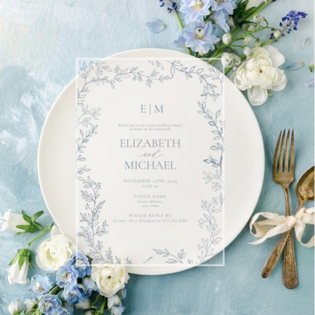 Invitations En Acrylique Feuille de Monogramme Bleu Poussiéreux pour Brunch (Créateur téléchargé)