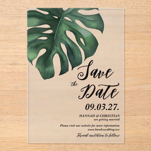 Invitations En Acrylique Feuille de palme tropicale Monstera Enregistrer la (Recto)