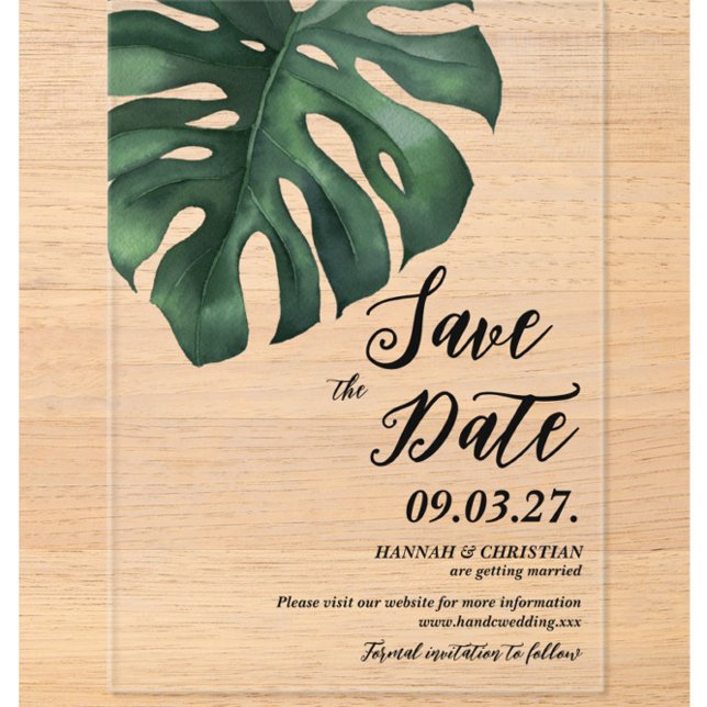 Invitations En Acrylique Feuille de palme tropicale Monstera Enregistrer la (Créateur téléchargé)