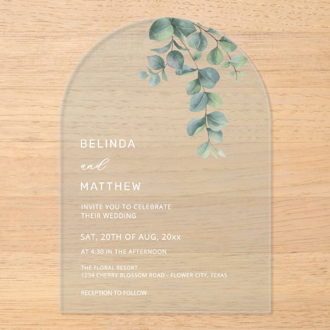 Invitations En Acrylique Feuilles Aquarelle Fleurs Arche Claire (Recto)